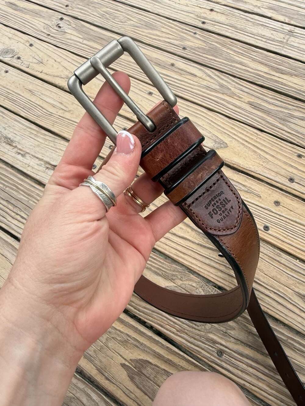 Fossil MB1348 Brown Leather Belt with Antique Silver Roller Buckle